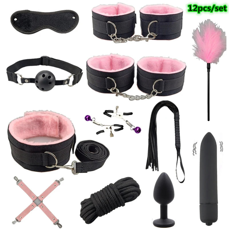 Bondage Set with Vibrator, Handcuffs & Whip