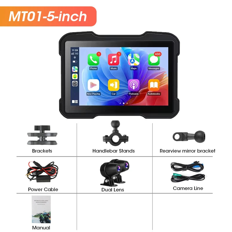 5" Motorcycle GPS DVR – Waterproof Dash Cam with CarPlay