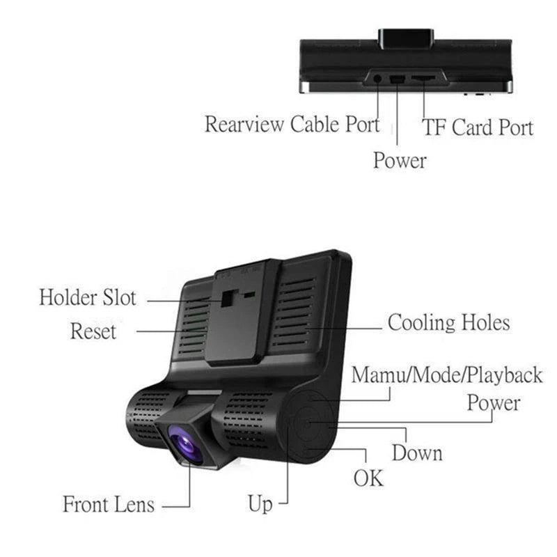 1080P 3-Lens Car Dashcam with 4” Screen