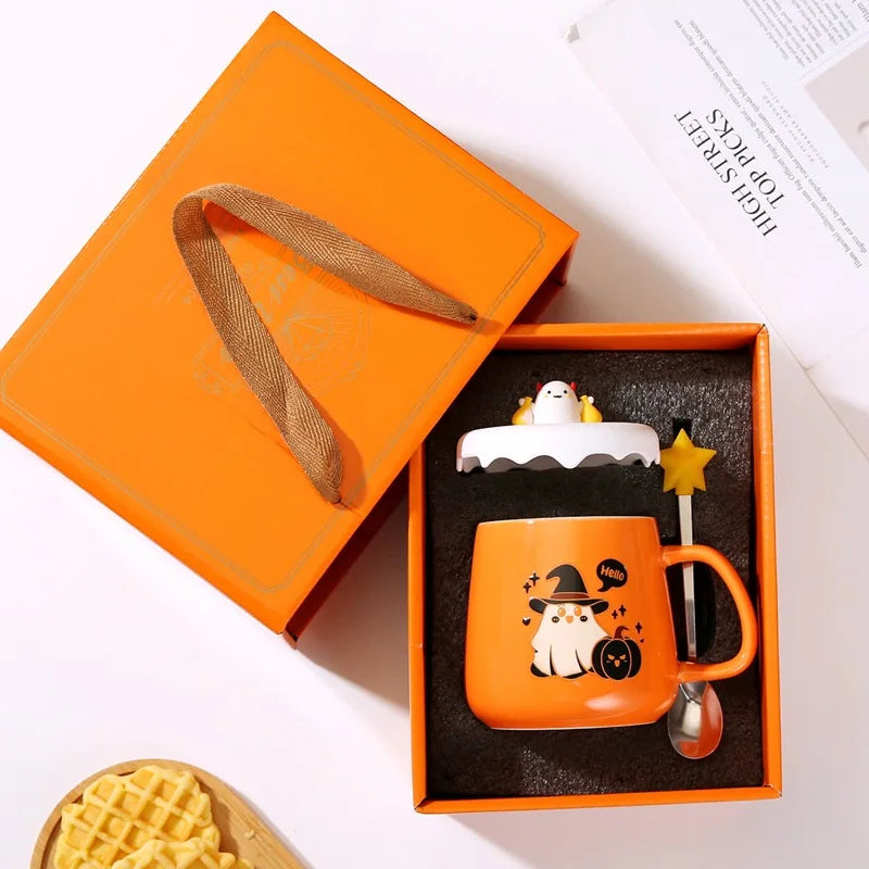 Halloween Pumpkin Ceramic Mug with Lid & Spoon Gift Set