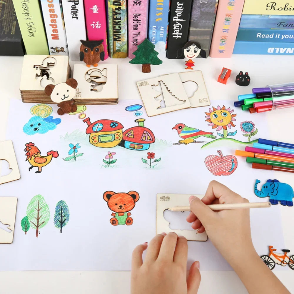 Montessori Wooden Drawing Stencils – 20pcs Creative Fun Set!