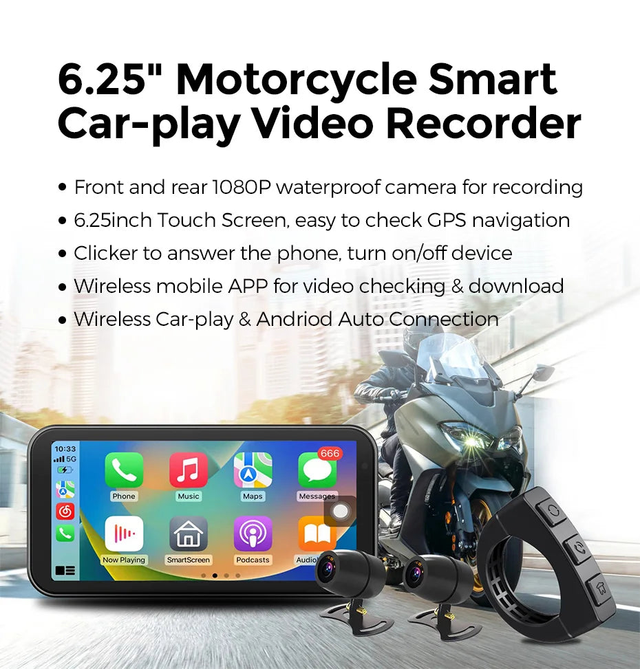 6.25″ IP67 Waterproof Motorcycle GPS with Wireless CarPlay/Android Auto