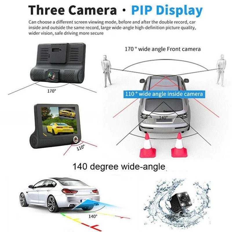 1080P 3-Lens Car Dashcam with 4” Screen