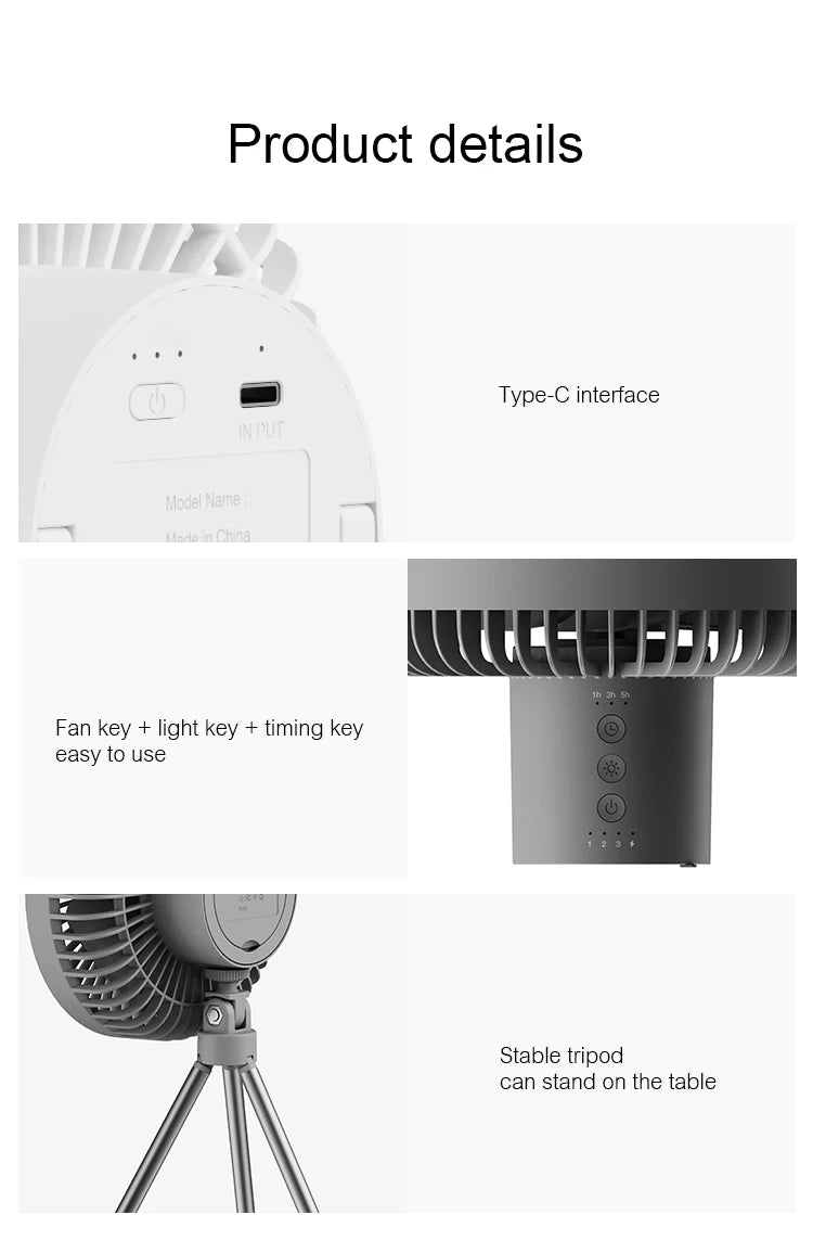 10000mAh Rechargeable Camping Fan with Power Bank
