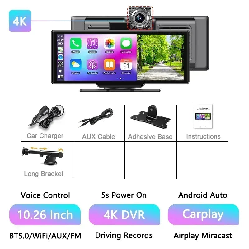 10.26'' 4K Dash Cam with Carplay & Android Auto
