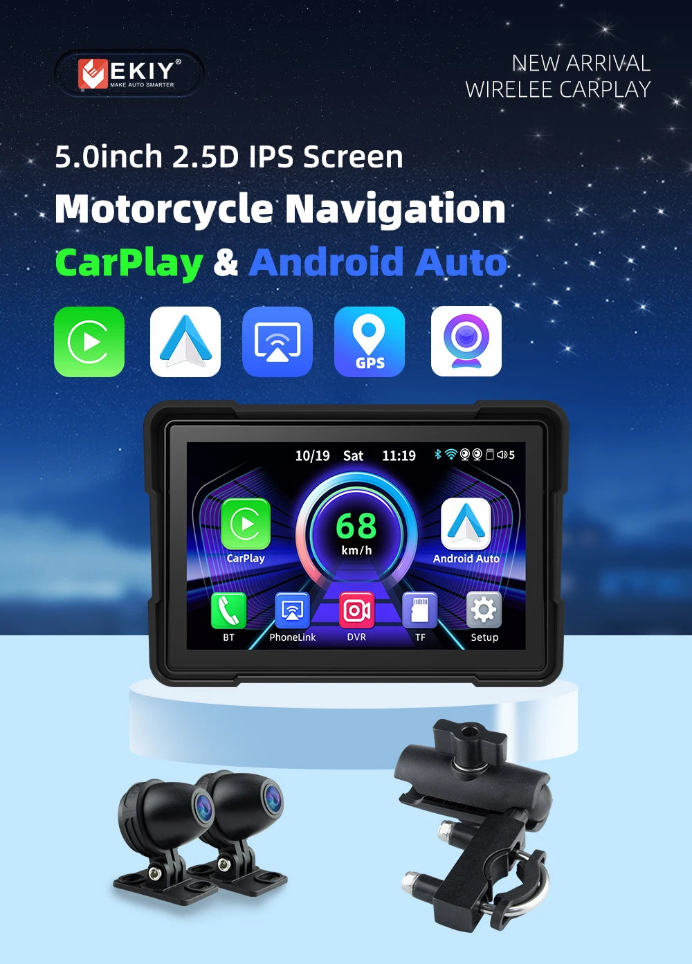 EKIY 5″ Wireless CarPlay & Android Auto GPS Display