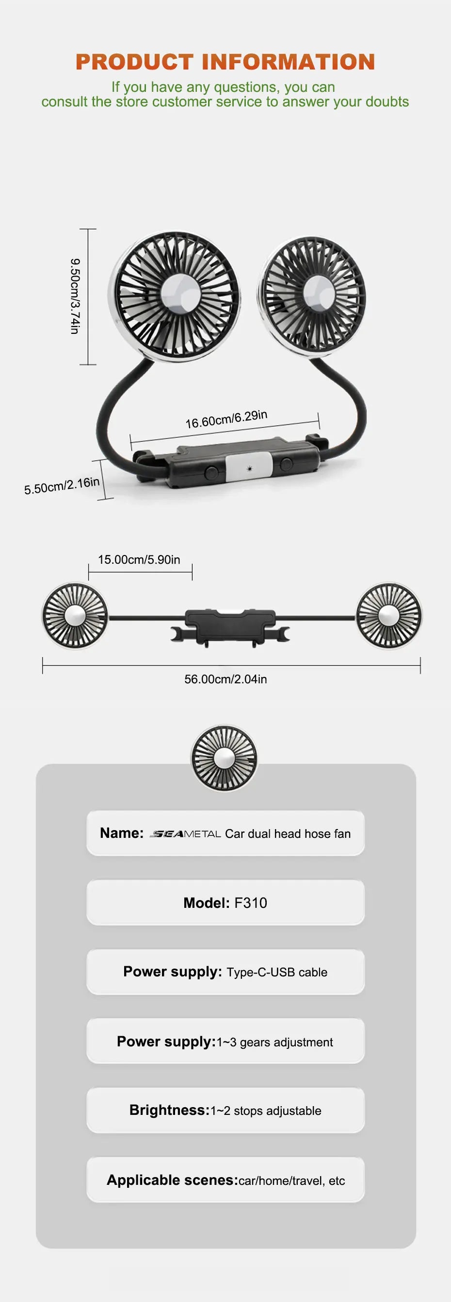 SEAMETAL Dual Head Car USB Cooling Fan