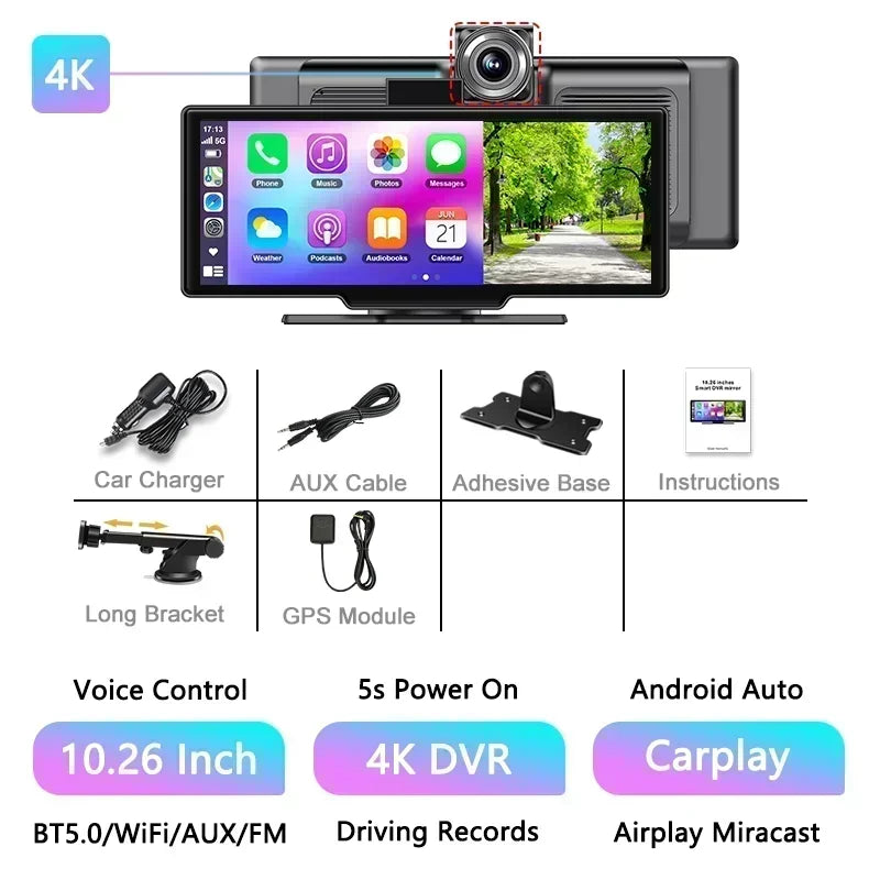 10.26'' 4K Dash Cam with Carplay & Android Auto