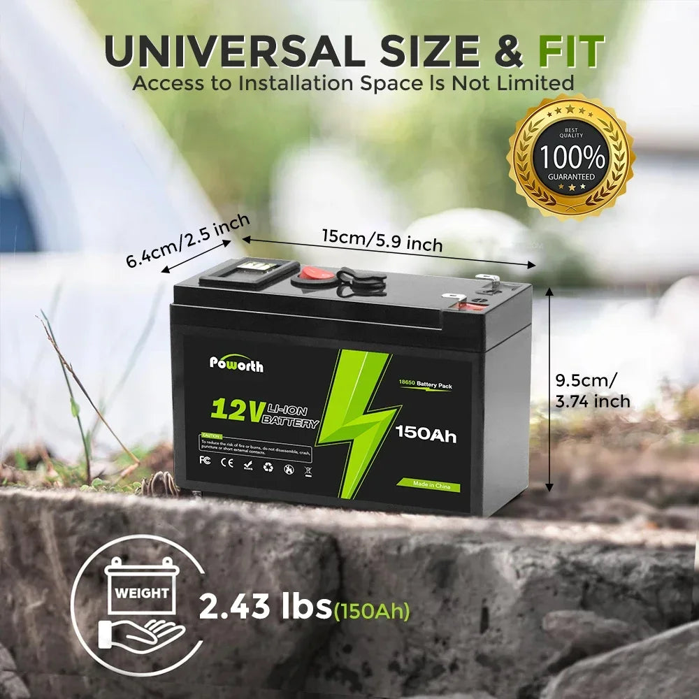 12V 150Ah Lithium Battery with BMS, 2000+ Cycles