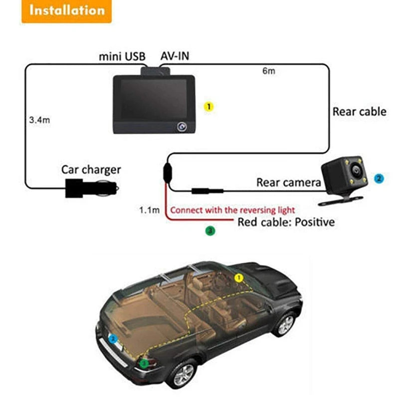 1080P 3-Lens Car Dashcam with 4” Screen