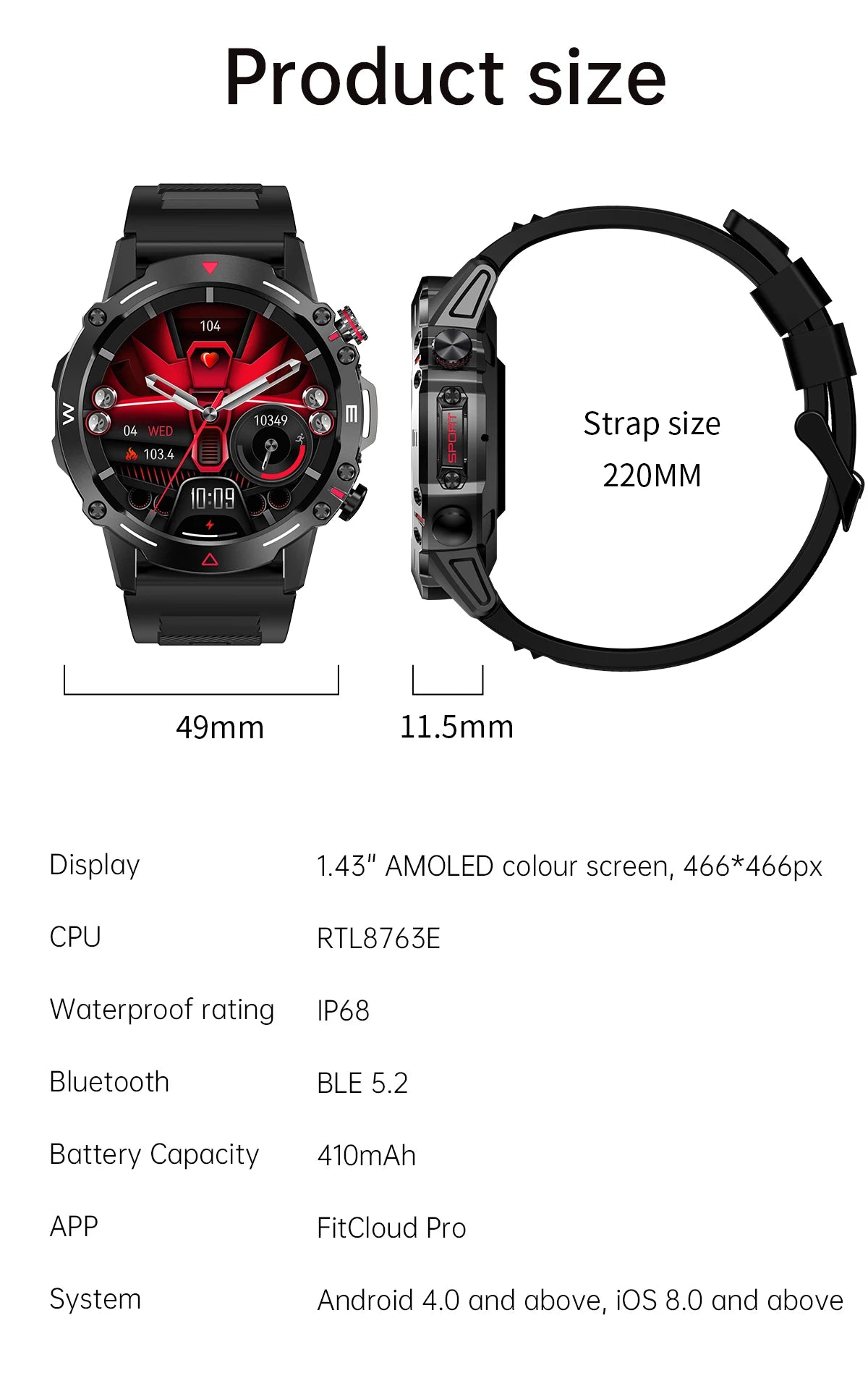 Smart Watch 1.43” Full Touch Waterproof Fitness Watch