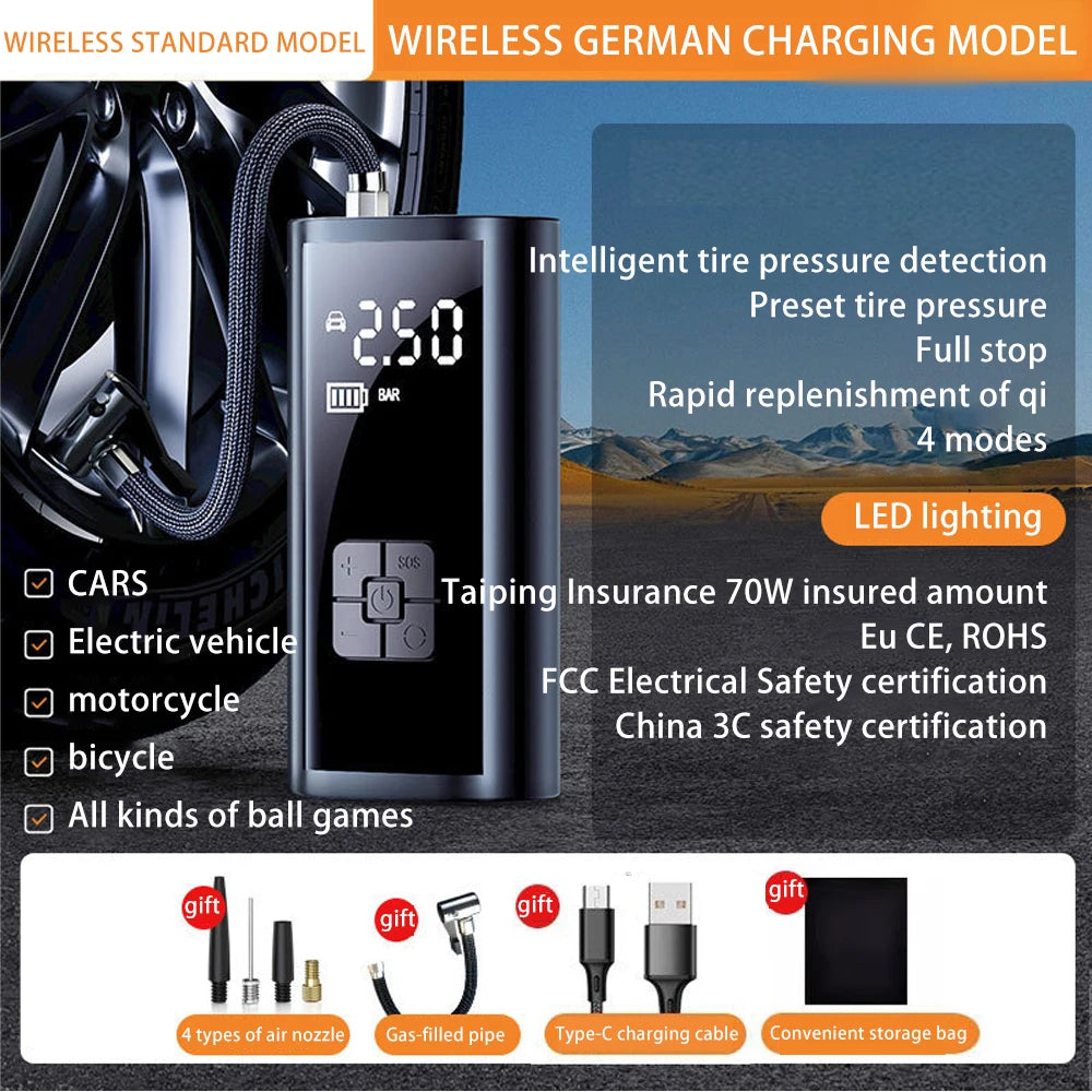 Portable Wireless Electric Car Air Pump with LED Light