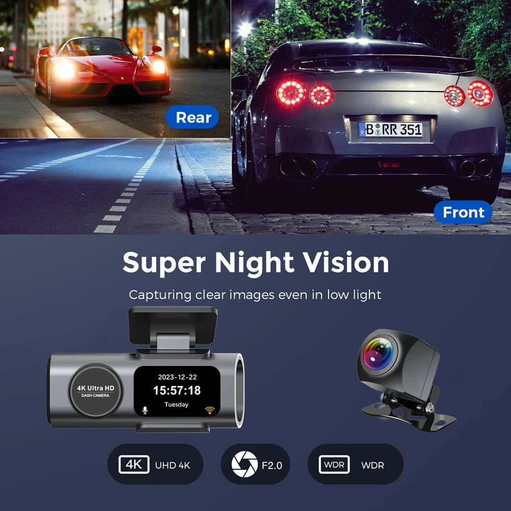 4K+1080P Dual Lens Dash Cam – Night Vision & WiFi