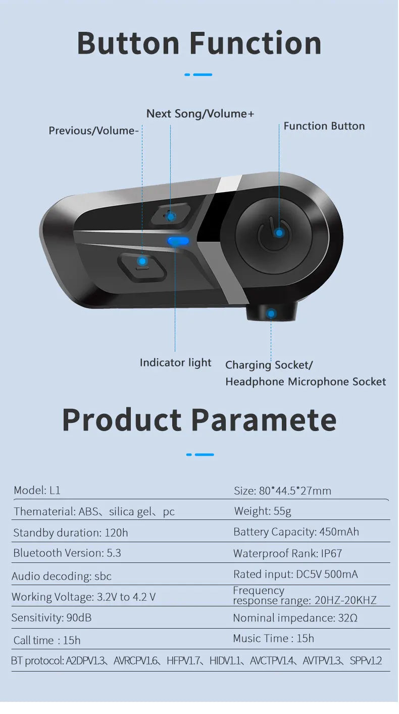 Bluetooth 5.3 Motorcycle Helmet Headset Waterproof