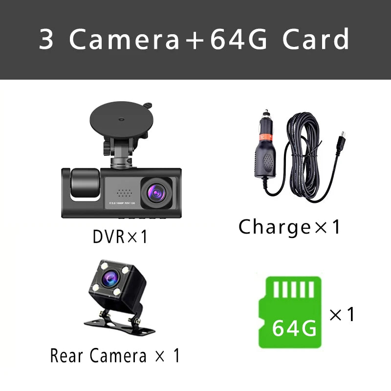 1080P 3-Lens Dash Cam with Interior View