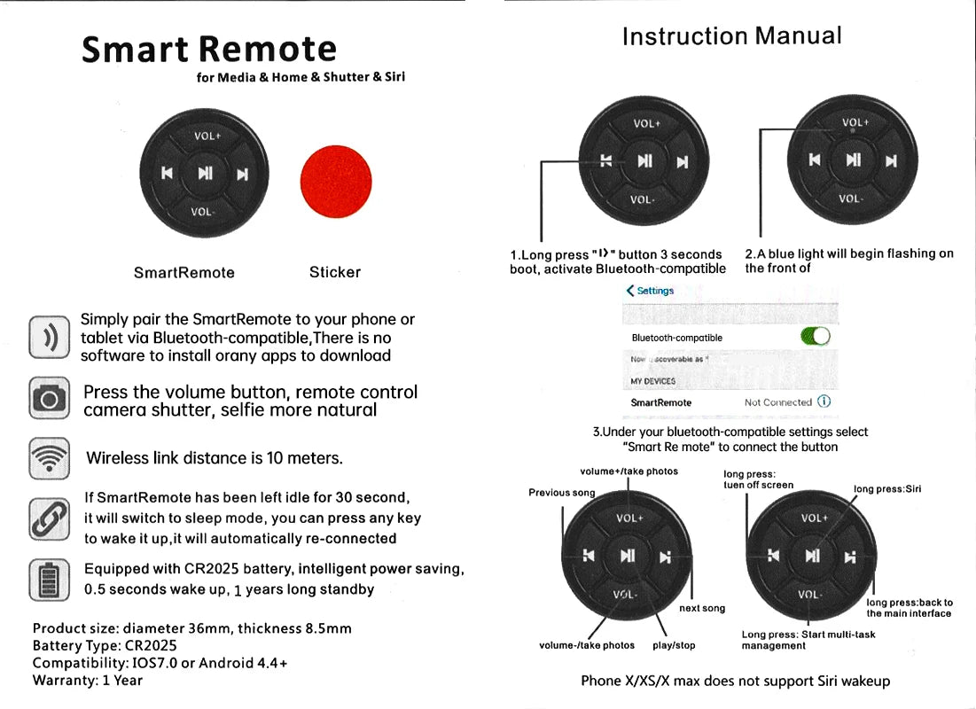 Wireless Bluetooth Media Button Controller for Vehicles