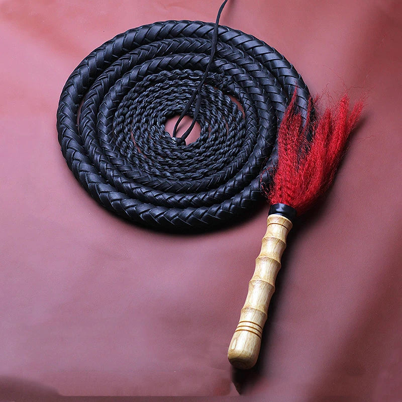 Wushu Cowhide Leather Whip with Wood Handle