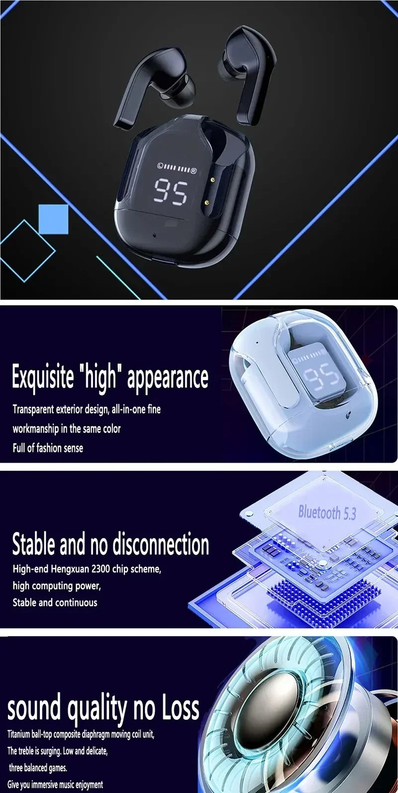 Wireless Bluetooth Earphone Digital Display Stereo Sound Earphones
