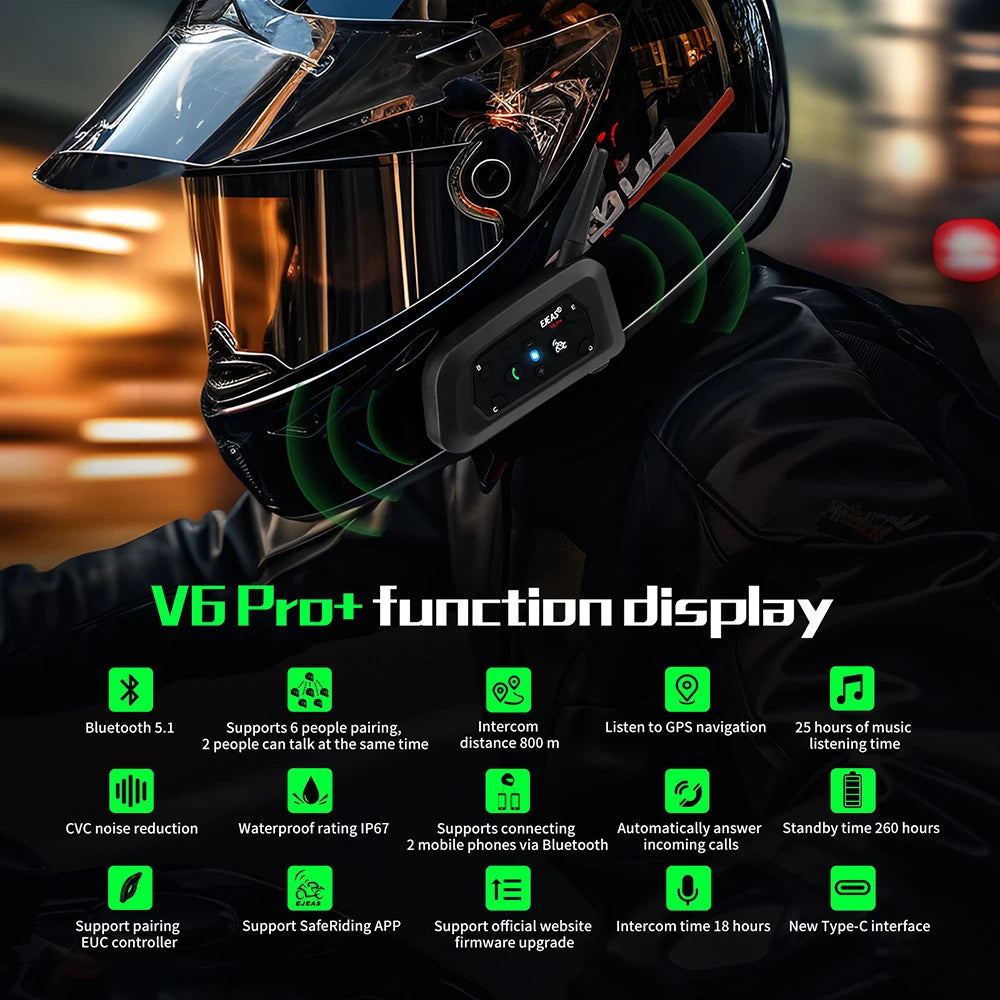 EJEAS V6 PRO+ Bluetooth Motorcycle Intercom 800M