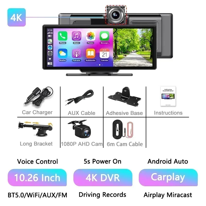 10.26'' 4K Dash Cam with Carplay & Android Auto
