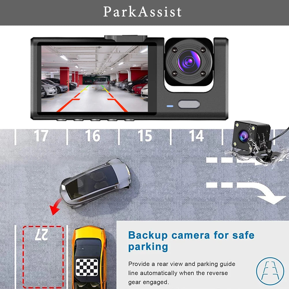 1080P 3-Lens Dash Cam with Interior View