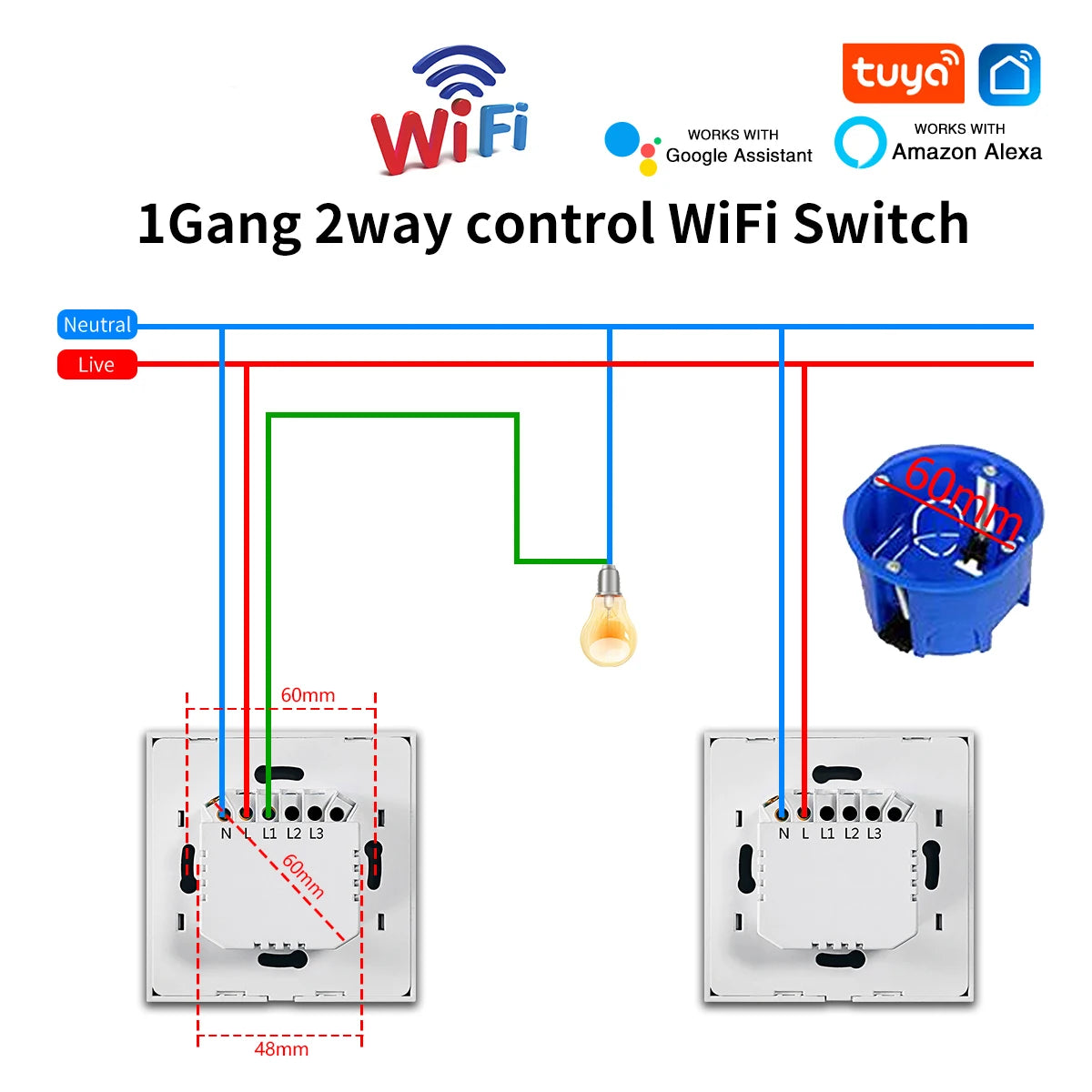WiFi Smart 2-Way Touch Wall Switch – TUYA Compatible