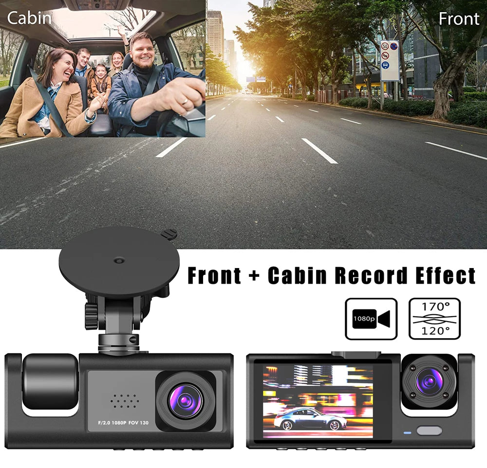 1080P 3-Lens Dash Cam with Interior View