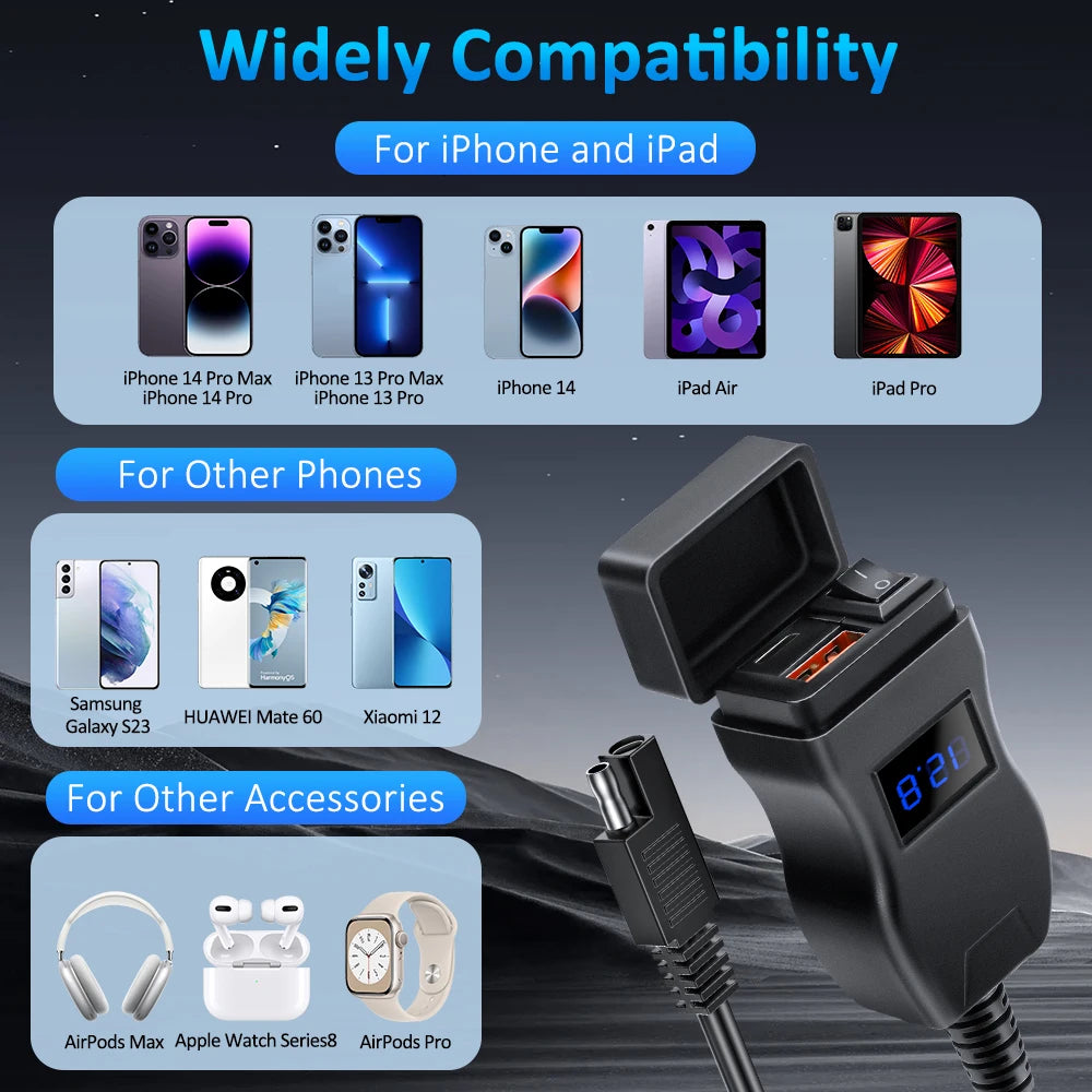 Anchtek Waterproof Motorcycle USB Charger QC 3.0