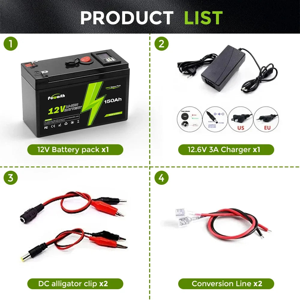 12V 150Ah Lithium Battery with BMS, 2000+ Cycles