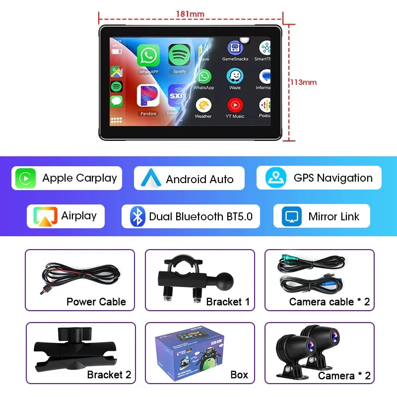5‑7″ Waterproof Motorcycle CarPlay/Android Auto GPS