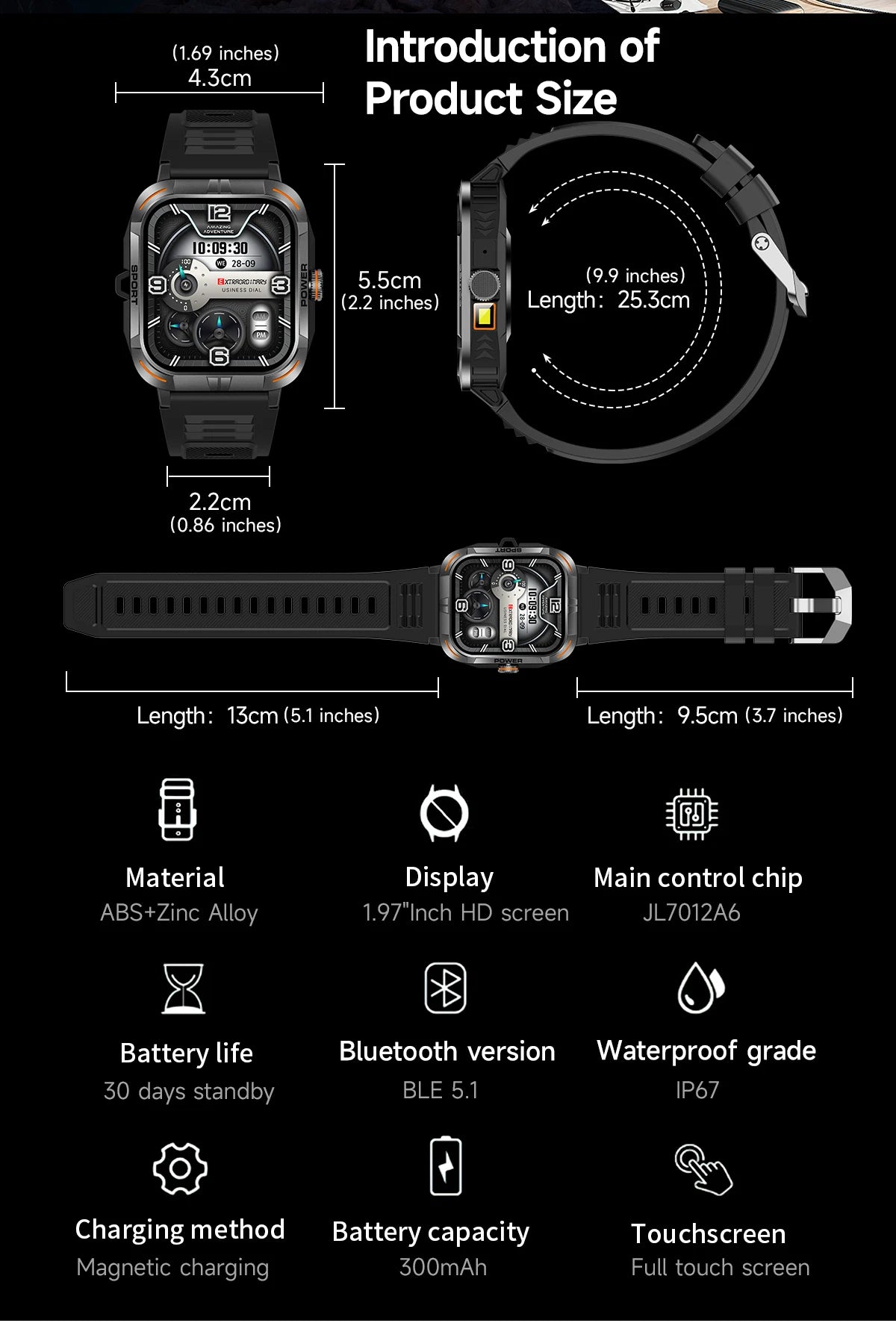 AMOLED Smart Watch with Flashlight & Compass