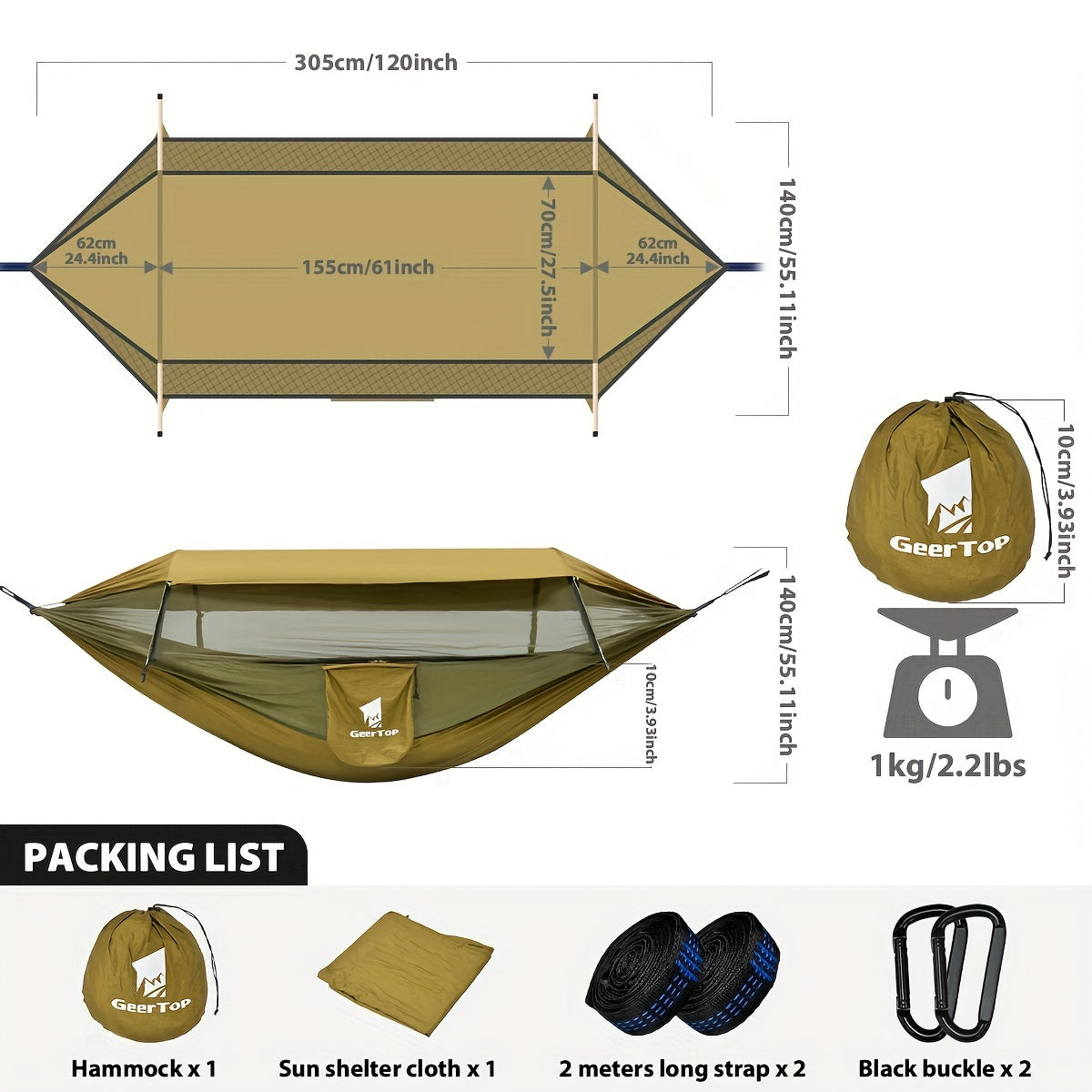 GeerTop 3-in-1 Camping Hammock with Mosquito Net