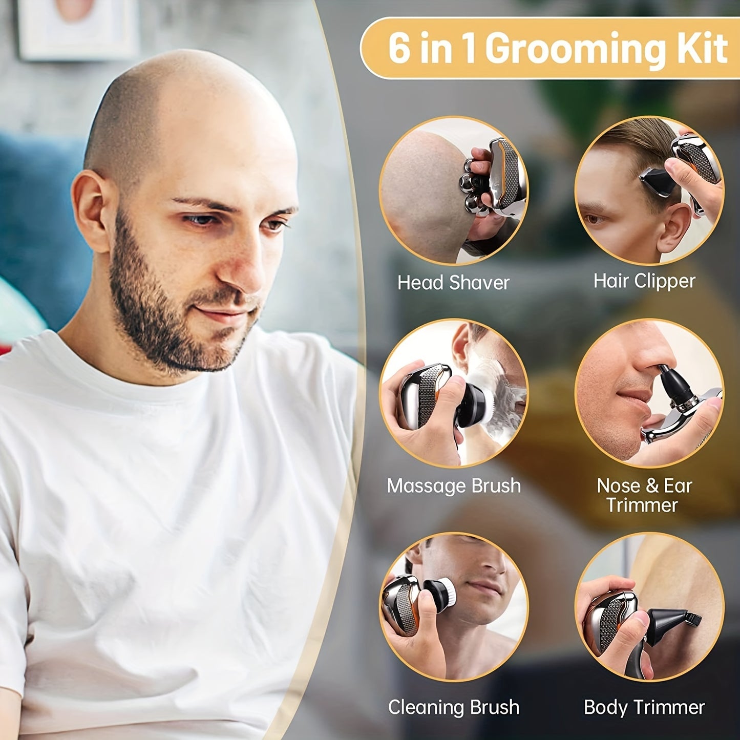 Men’s 6-in-1 Electric Head Shaver – USB Bald Grooming Kit - Clickilix
