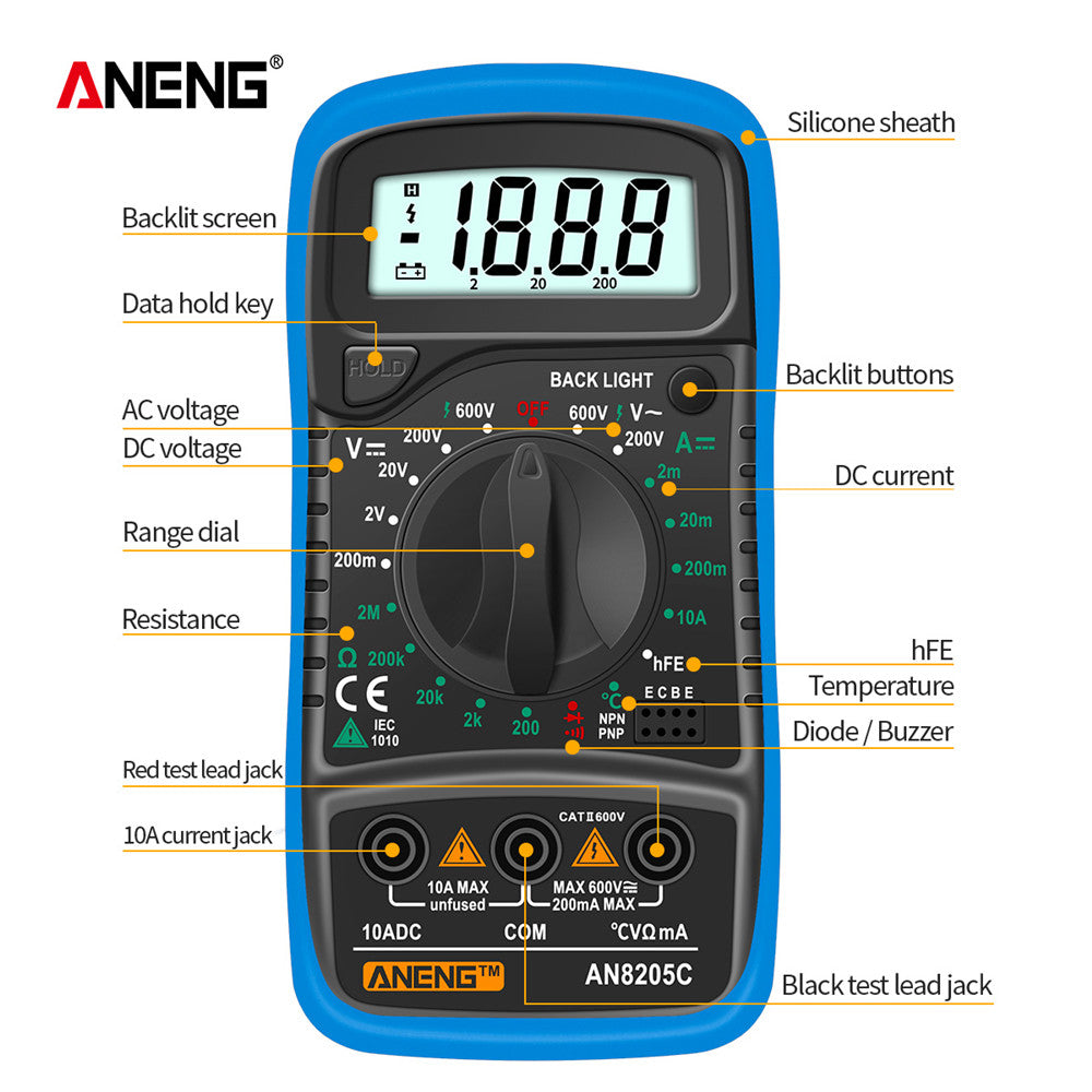 AN8205C Digital Multimeter – AC/DC, Ohm, Temp Tester - Clickilix