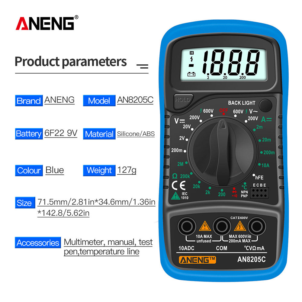 AN8205C Digital Multimeter – AC/DC, Ohm, Temp Tester - Clickilix