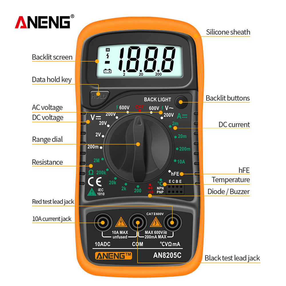 ANENG AN8205C Digital Multimeter – Auto-Ranging with Thermocouple - Clickilix