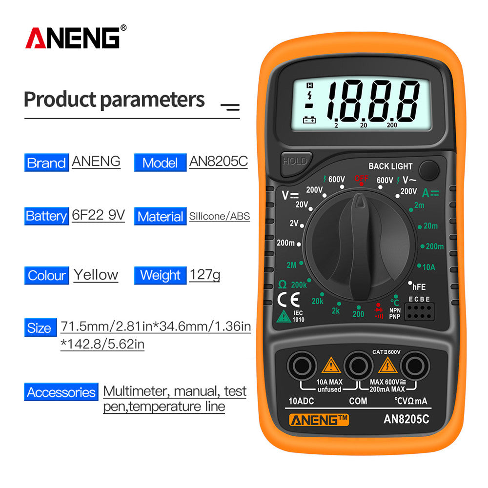 ANENG AN8205C Digital Multimeter – Auto-Ranging with Thermocouple - Clickilix