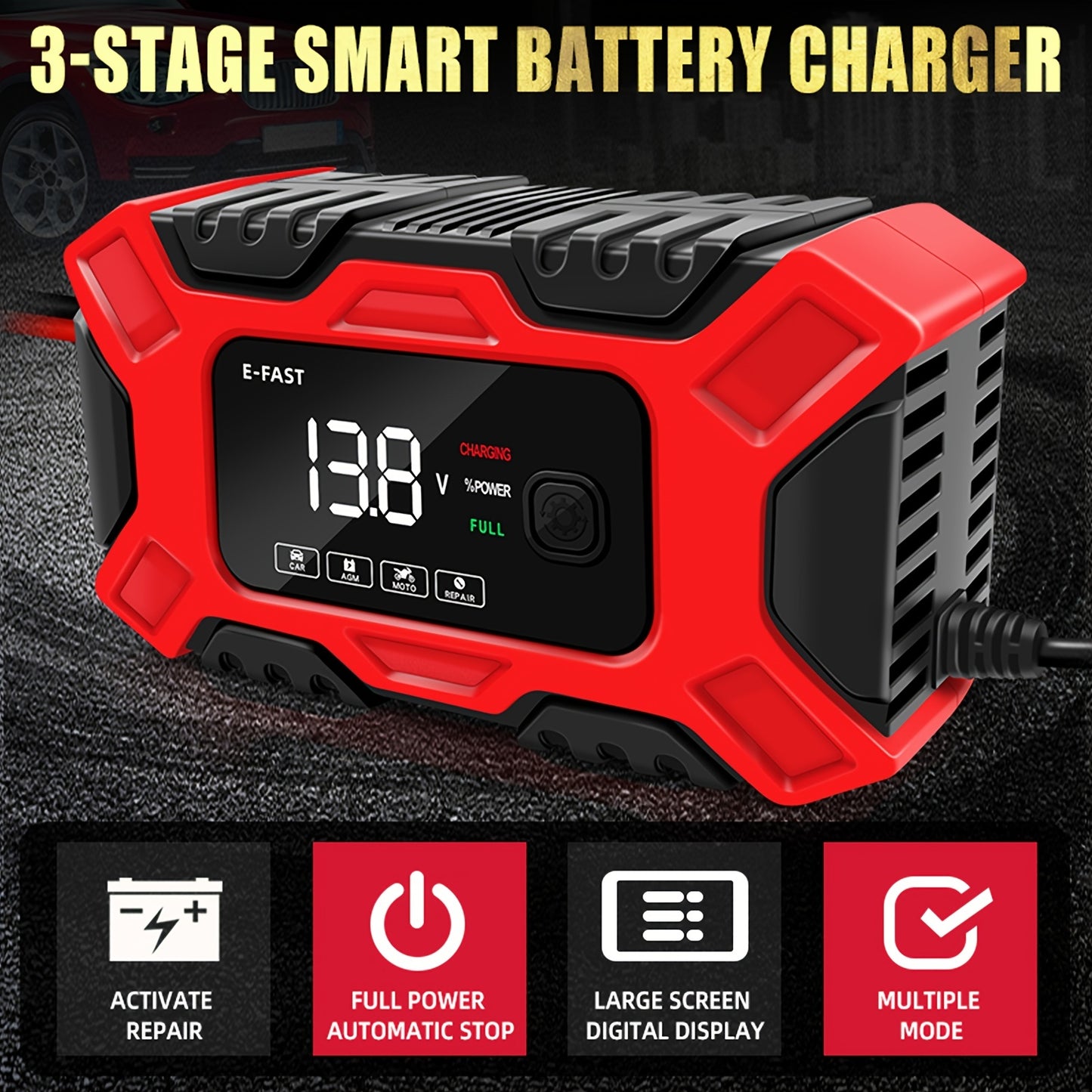 12V 6A Automatic Digital Car Battery Charger - Clickilix