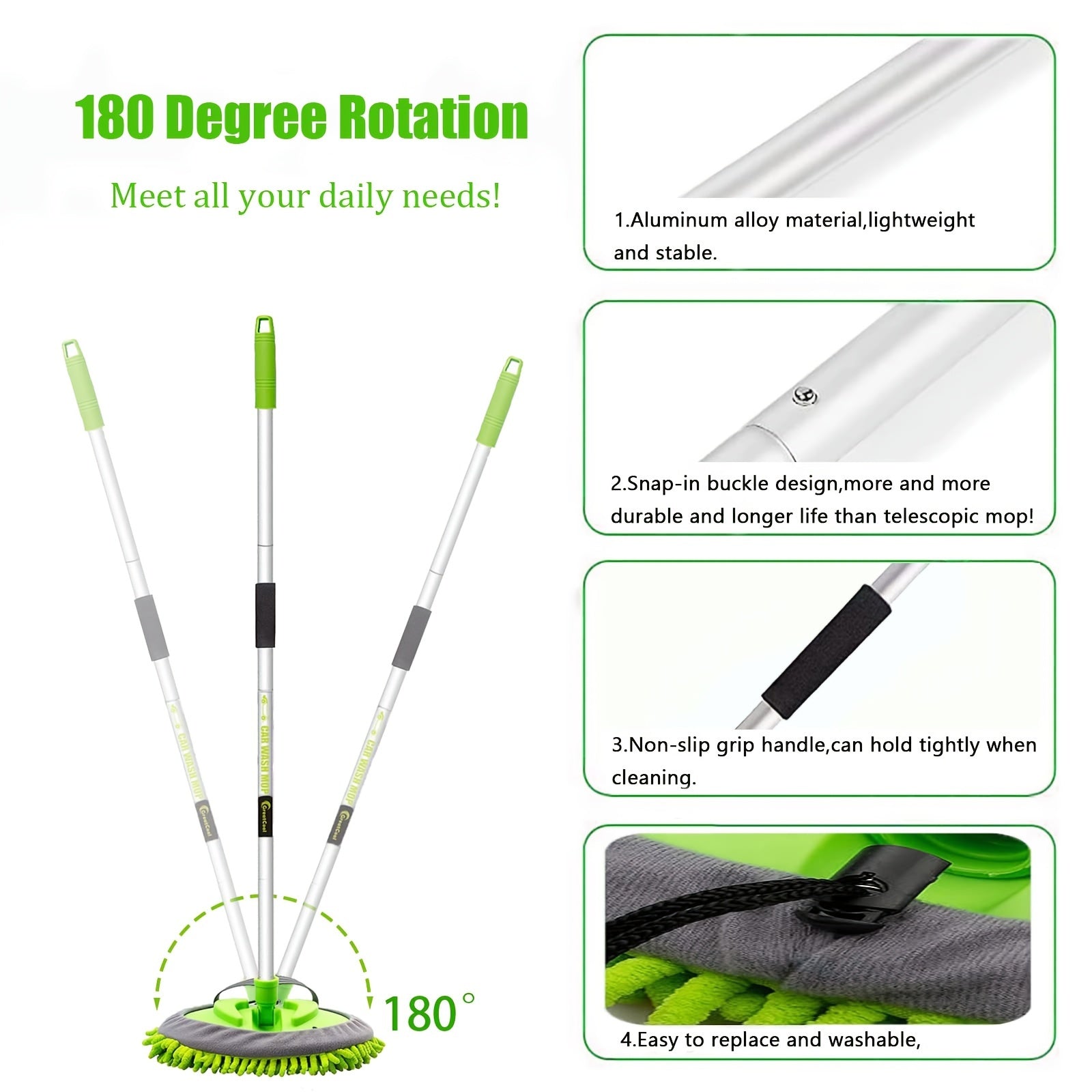 62" Long Handle Car Wash Brush Kit with Mop Heads - Clickilix