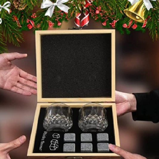 Whiskey Stones Gift Set with Wine Glasses