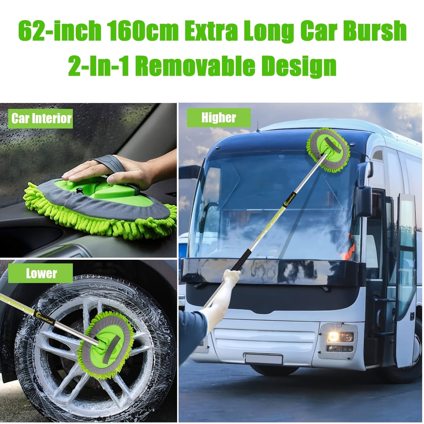 62" Long Handle Car Wash Brush Kit with Mop Heads - Clickilix