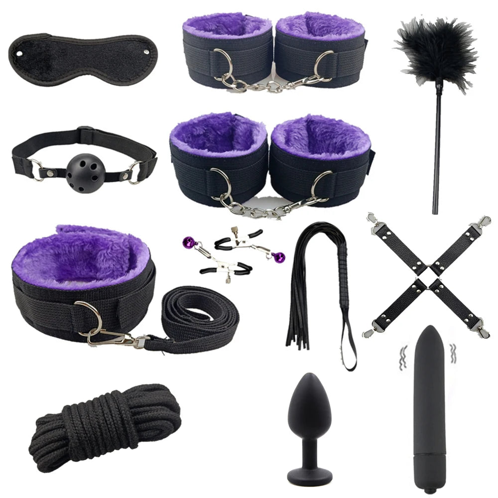 Bondage Set with Vibrator, Handcuffs & Whip