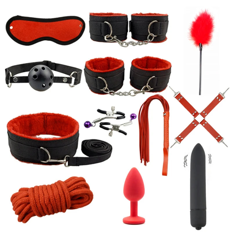 Bondage Set with Vibrator, Handcuffs & Whip
