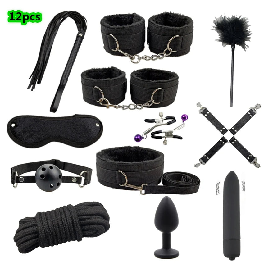 Bondage Set with Vibrator, Handcuffs & Whip