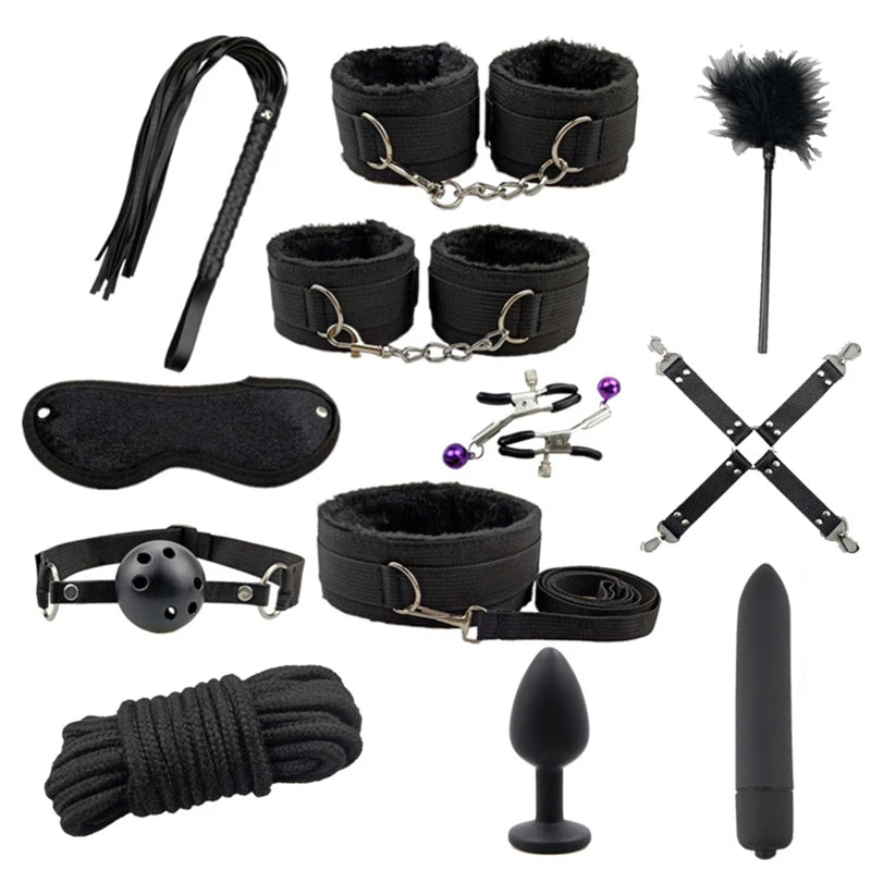 Bondage Set with Vibrator, Handcuffs & Whip