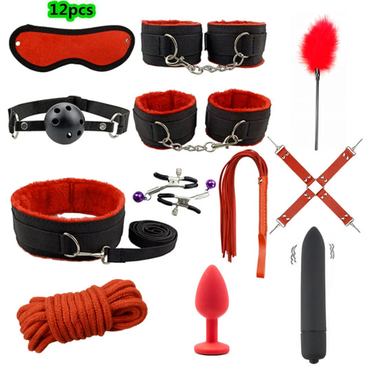 Bondage Set with Vibrator, Handcuffs & Whip