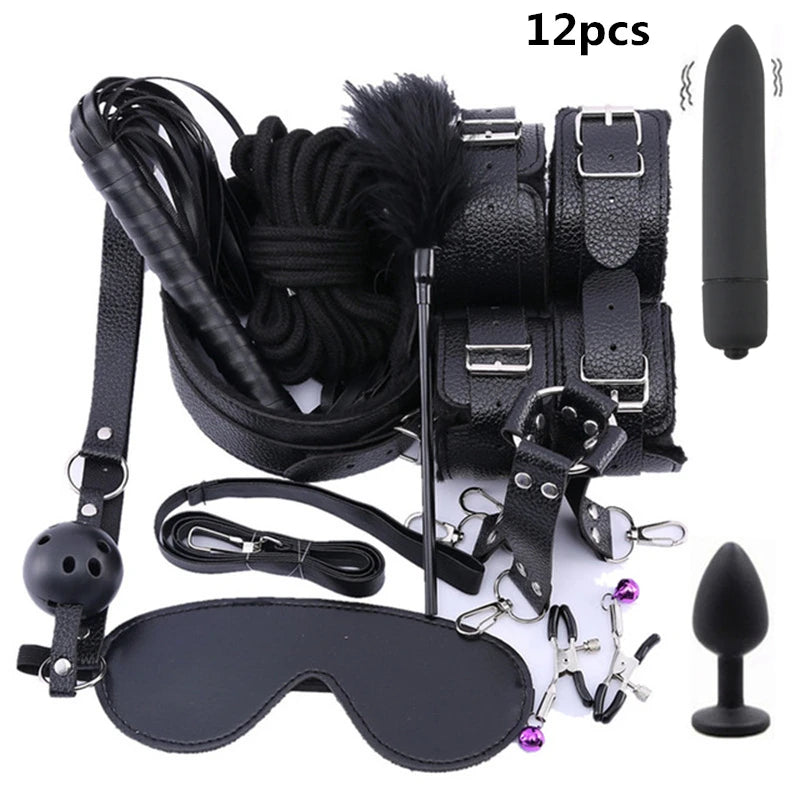 Bondage Set with Vibrator, Handcuffs & Whip