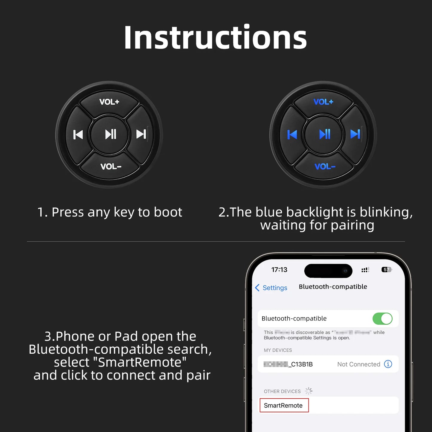 Wireless Bluetooth Media Button Controller for Vehicles