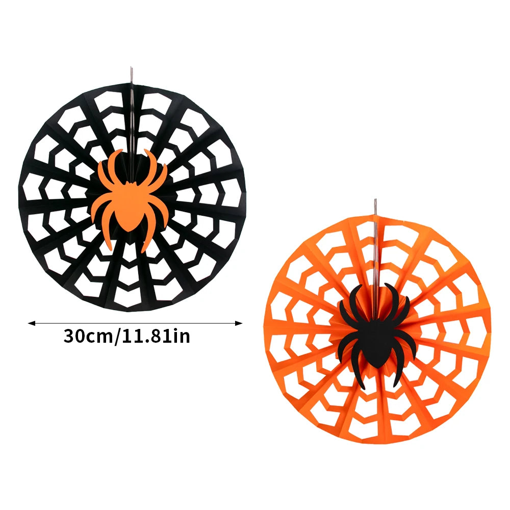 Halloween Paper Fans Set – Black & Orange Spider Web Décor