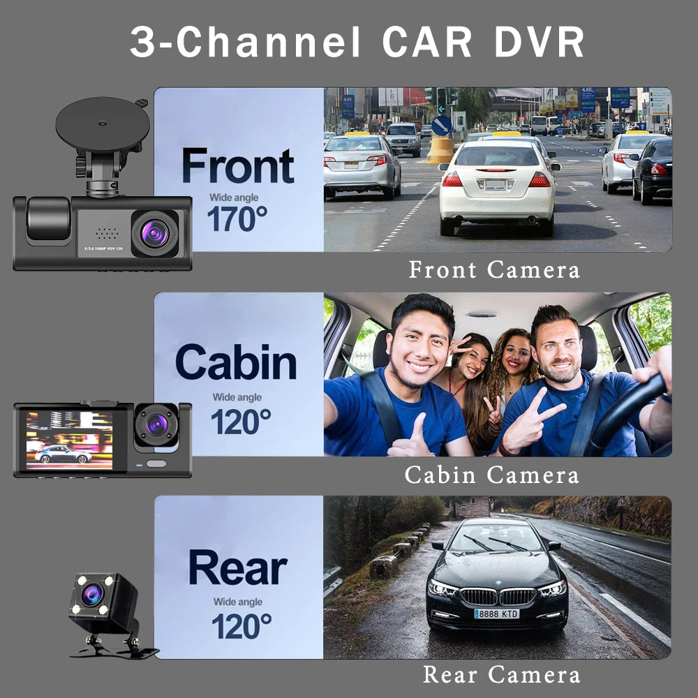 1080P 3-Lens Dash Cam with Interior View